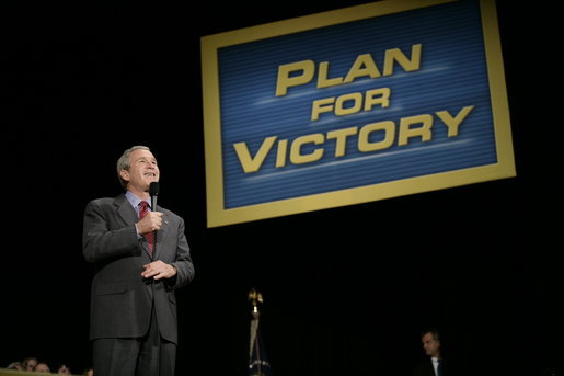 President George W. Bush fields a question from the audience after his remarks on the global war on terror Wednesday, March 22, 2006 at the Capitol Music Hall in Wheeling, W. Va. White House photo by Eric Draper