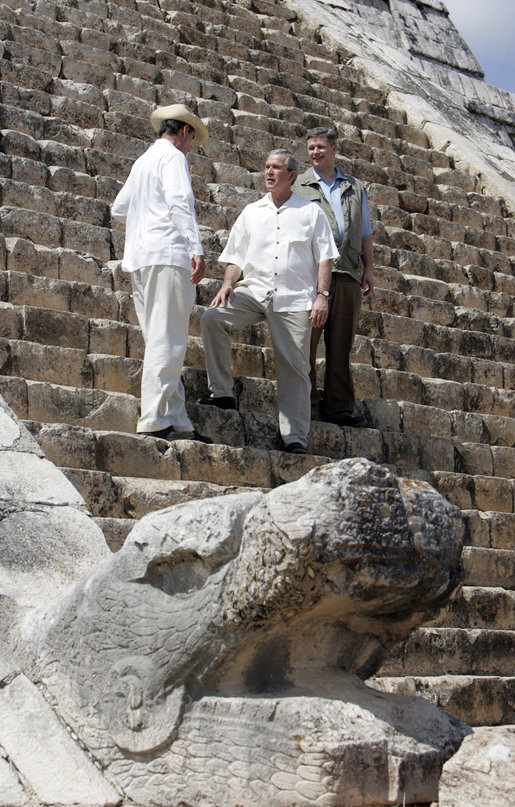 President George W. Bush stands with President Vicente Fox of Mexico, left, and Canada's Prime Minister Stephen Harper, during a visit Thursday, March 30, 2006, to the Chichen-Itza Archaeological Ruins. White House photo by Kimberlee Hewitt