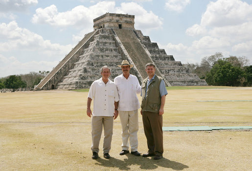 President George W. Bush, Mexico's President Vicente Fox and Canada's Prime Minister Stephen Harper, right, stand in front of the Chichen-Itza Archaeological Ruins Thursday, March 30, 2006. White House photo by Kimberlee Hewitt