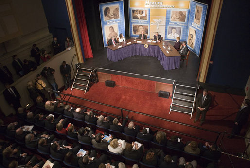 President George W. Bush participates in a panel discussion Wednesday, April 5, 2006, on Health Savings Accounts during a visit to Bridgeport, Conn. White House photo by Paul Morse