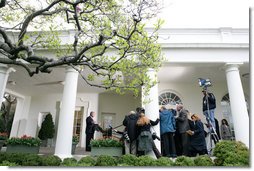 President George W. Bush offers remarks to the White House Press Pool before departing Wednesday, April 5, 2006, for Andrews Air Force Base en route to Connecticut.  White House photo by Shealah Craighead