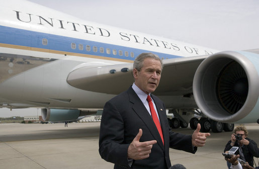 Standing outside Air Force One in Charlotte, N.C., President George W. Bush addresses the media after speaking about the War on Terror at Central Piedmont Community College Thursday, April 6, 2006. White House photo by Paul Morse