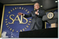 President George W. Bush speaks on the Global War on Terror at The Paul H. Nitze School of Advanced International Studies at The Johns Hopkins University in Washington, D.C., Monday, April 10, 2006. "Yesterday, our nation marked the third anniversary of a great moment in the history of freedom -- it was the liberation of Iraq. Three years ago, coalition forces entered the gates of Baghdad, fought their way into the center of the city, and helped Iraqis pull down the statue of Saddam Hussein," said President Bush. White House photo by Eric Draper