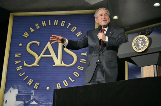 President George W. Bush speaks on the Global War on Terror at The Paul H. Nitze School of Advanced International Studies at The Johns Hopkins University in Washington, D.C., Monday, April 10, 2006. "Yesterday, our nation marked the third anniversary of a great moment in the history of freedom -- it was the liberation of Iraq. Three years ago, coalition forces entered the gates of Baghdad, fought their way into the center of the city, and helped Iraqis pull down the statue of Saddam Hussein," said President Bush. White House photo by Eric Draper