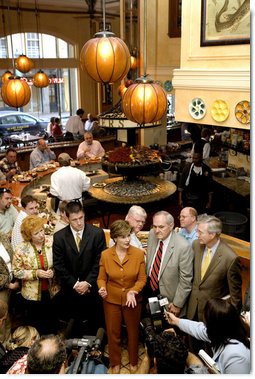 Mrs. Laura Bush talks with members of the media at Bourbon House Restaurant in New Orleans, La., following a meeting with chief state school officers and superintendents from five Gulf Coast States, Monday, April 10, 2006. Through the Laura Bush Foundation for American’s Libraries Gulf Coast School Library Recovery Initiative, Mrs. Bush is working with state schools to determine the needs of their libraries to help restore book collections in their school libraries.  White House photo by Shealah Craighead