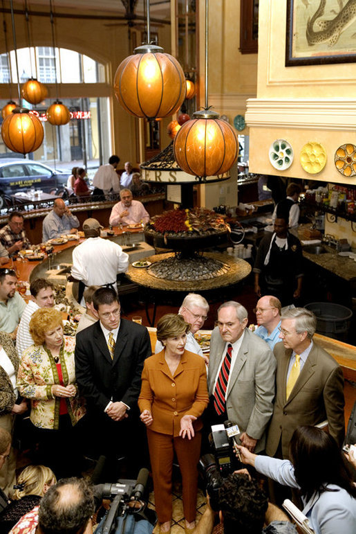 Mrs. Laura Bush talks with members of the media at Bourbon House Restaurant in New Orleans, La., following a meeting with chief state school officers and superintendents from five Gulf Coast States, Monday, April 10, 2006. Through the Laura Bush Foundation for American’s Libraries Gulf Coast School Library Recovery Initiative, Mrs. Bush is working with state schools to determine the needs of their libraries to help restore book collections in their school libraries. White House photo by Shealah Craighead