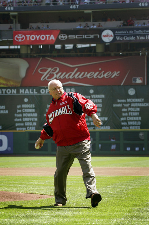 Vice President Dick Cheney winds up to throw the ceremonial first pitch at the Washington National's home opener against the New York Mets at RFK Memorial Stadium in Washington, Tuesday, April 11, 2006. The tradition of the president or vice president throwing out the ceremonial first pitch at a baseball game in Washington D.C. dates back to President Taft in 1910. The last vice president to throw the pitch was Vice President Humphrey in 1968. White House photo by David Bohrer