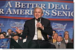 President George W. Bush addresses an audience at a Conversation on the Medicare Prescription Drug Benefit, Wednesday, April 12, 2006 at the Richard J. Ernst Community Center at Northern Virginia Community College in Annandale, Va. President Bush urged senior citizens to participate in the new Medicare drug benefit program to help reduce their drug costs.  White House photo by Kimberlee Hewitt