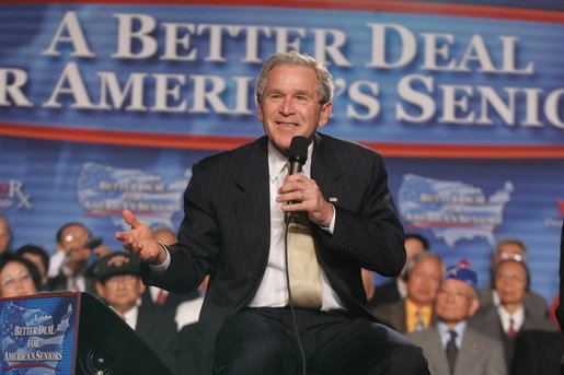 President George W. Bush addresses an audience at a Conversation on the Medicare Prescription Drug Benefit, Wednesday, April 12, 2006 at the Richard J. Ernst Community Center at Northern Virginia Community College in Annandale, Va. President Bush urged senior citizens to participate in the new Medicare drug benefit program to help reduce their drug costs. White House photo by Kimberlee Hewitt