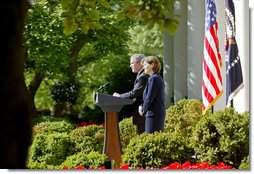 President George W. Bush announces the nomination of Susan Schwab as the U.S. Trade Representative in the Rose Garden Tuesday, April 18, 2006. "Ambassador Schwab started her career as an agricultural trade negotiator in the Office of the U.S. Trade Representative, and she served our nation overseas as a trade policy officer in our embassy in Tokyo," said President Bush. "In the 1980s, she worked as a trade specialist, and then legislative director for Senator Jack Danforth, who chaired a key Senate subcommittee on trade. In the administration of former President Bush, she led a staff of more than a thousand as Director General of the U.S. and Foreign Commercial Service. Susan has also served as an executive in the private sector at Motorola, and as a professional administrator at the University of Maryland."  White House photo by Julie Kubal