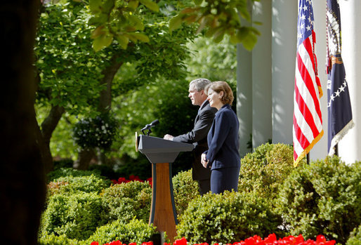 President George W. Bush announces the nomination of Susan Schwab as the U.S. Trade Representative in the Rose Garden Tuesday, April 18, 2006. "Ambassador Schwab started her career as an agricultural trade negotiator in the Office of the U.S. Trade Representative, and she served our nation overseas as a trade policy officer in our embassy in Tokyo," said President Bush. "In the 1980s, she worked as a trade specialist, and then legislative director for Senator Jack Danforth, who chaired a key Senate subcommittee on trade. In the administration of former President Bush, she led a staff of more than a thousand as Director General of the U.S. and Foreign Commercial Service. Susan has also served as an executive in the private sector at Motorola, and as a professional administrator at the University of Maryland." White House photo by Julie Kubal