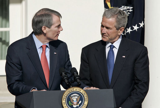 President George W. Bush stands with Rob Portman, his nominee as Director of the Office of Management and Budget during an announcement in the Rose Garden Tuesday, April 18, 2006. "The Office of Management and Budget is one of the most essential agencies of our government," said the President. "The OMB has a central responsibility of implementing the full range of my administration's agenda, from defense programs that will keep our people secure, to energy initiatives that will break our dependence on oil, to tax policies that keep our economy growing and creating jobs. White House photo by Paul Morse