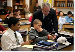 President George W. Bush visits with students at Parkland Magnet Middle School for Aerospace Technology in Rockville, Md., Tuesday, April 18, 2006. White House photo by Kimberlee Hewitt