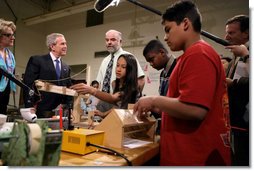 President George W. Bush and Education Secretary Margaret Spellings visit with a teacher and students at Parkland Magnet Middle School for Aerospace Technology in Rockville, Md., Tuesday, April 18, 2006. White House photo by Kimberlee Hewitt