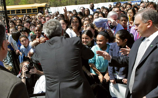 President George W. Bush greets a sea of students at Parkland Magnet Middle School for Aerospace Technology in Rockville, Md., Tuesday, April 18, 2006. White House photo by Kimberlee Hewitt