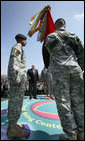 Vice President Dick Cheney participates in the awarding of the Valorous Unit Award to the First Brigade Combat Team, First Infantry Division during a rally for the troops at Fort Riley Army Base in Kansas, Tuesday, April 18, 2006. The award was given to the unit for their extraordinary heroism in Iraq. White House photo by David Bohrer