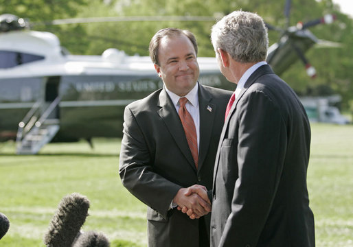 White House Press Secretary Scott McClellan and President Bush announce that Mr. McClellan is resigning his position on the South Lawn Wednesday, April 19, 2006. "One of these days he and I are going to be rocking on chairs in Texas, talking about the good old days and his time as the Press Secretary," said the President. "And I can assure you I will feel the same way then that I feel now, that I can say to Scott, job well done." White House photo by Eric Draper