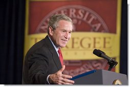 President George W. Bush remarks from the podium during a visit Wednesday, April 19, 2006, to Tuskegee, Ala., where he spoke on the American Competitiveness Initiative. White House photo by Paul Morse