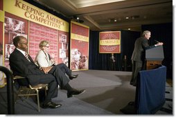 Saying that he's honored to be "at one of the finest institutions in the United States of America," President George W. Bush speaks to the audience Wednesday, April 19, 2006, at Tuskegee University in Tuskegee, Alabama about the American Competitiveness Initiative. White House photo by Paul Morse