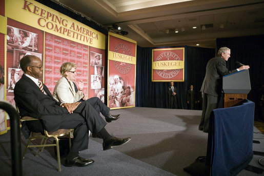 Saying that he's honored to be "at one of the finest institutions in the United States of America," President George W. Bush speaks to the audience Wednesday, April 19, 2006, at Tuskegee University in Tuskegee, Alabama about the American Competitiveness Initiative. White House photo by Paul Morse