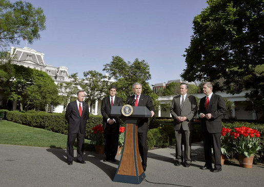 President George W. Bush talks to the press after visiting with four governors who visited Iraq, Afghanistan, and Kuwait on the South Lawn Wednesday, April 19, 2006. "I particularly want to thank them for going to see our men and women who are helping secure freedom and peace," said President Bush. "I thank them for sending a message from home that we care about them, we care about our troops, that we'll support our troops, that we appreciate the fact that people are willing to make sacrifices." White House photo by Eric Draper