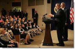 President George W. Bush speaks to the 2006 Recipients of the President's Environmental Youth Awards during a ceremony held in the Dwight D. Eisenhower Executive Office Building Thursday, April 20, 2006. Since 1971, the Environmental Protection Agency has sponsored the President’s Environmental Youth Awards. The program recognizes young people across America for projects which demonstrate their commitment to the environment. Young people in all 50 states and the U.S. territories are invited to participate in the program.  White House photo by Kimberlee Hewitt