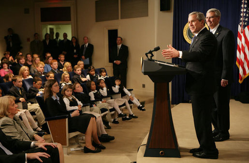 President George W. Bush speaks to the 2006 Recipients of the President's Environmental Youth Awards during a ceremony held in the Dwight D. Eisenhower Executive Office Building Thursday, April 20, 2006. Since 1971, the Environmental Protection Agency has sponsored the President’s Environmental Youth Awards. The program recognizes young people across America for projects which demonstrate their commitment to the environment. Young people in all 50 states and the U.S. territories are invited to participate in the program. White House photo by Kimberlee Hewitt