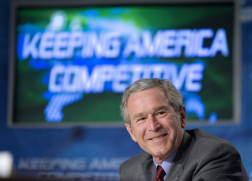 President George W. Bush participates in a Panel on the American Competitiveness Initiative at Cisco Systems, Inc in San Jose, California, Friday, April 21, 2006. White House photo by Eric Draper