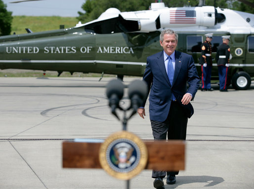 President George W. Bush walks to the podium before delivering a statement on the important milestone Iraqis reached today on their path to democracy, Saturday, April 22, 2006 in West Sacramento, California. White House photo by Eric Draper