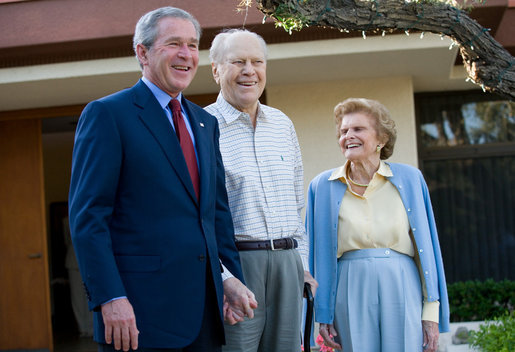 President George W. Bush, Former President Gerald Ford and Betty Ford greet the media at the end of his visit in Rancho Mirage, California, Sunday, April 23, 2006. White House photo by Eric Draper