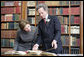 Mrs. Laura Bush tours the library of The Mount Estate and Gardens, home of author Edith Wharton, in Lenox, Mass., Monday, April 24, 2006, during a ceremony celebrating the acquisition and restoration of the library. The Mount was designed and built by Edith Wharton in 1902, and the library contains more than 2,600 volumes and titles. White House photo by Shealah Craighead