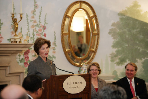 Mrs. Laura Bush speaks to an audience that includes 35 ambassadors representing countries with extreme adult/child illiteracy rates, Monday, April 24, 2006, during a luncheon celebrating the United Nations Educational, Scientific and Cultural Organizational (UNESCO), Education for All Week, at the Blair House in Washington, D.C. Education for All is an international effort coordinated by UNESCO to make the benefits of education accessible to all people. White House photo by Shealah Craighead