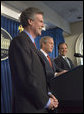 President George W. Bush and outgoing Press Secretary Scott McClellan introduces the new White House Press Secretary, Tony Snow, to the press in the James S. Brady Press Briefing Room Wednesday, April 26, 2006. White House photo by Eric Draper