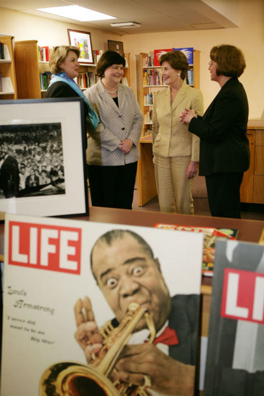 Mrs. Laura Bush and U.S. Secretary of Education Margaret Spellings meet with school officials to talk about the The Laura Bush Foundation for America's Libraries' Gulf Coast Library Recovery Initiative grant announcement at the St. Bernard Unified School Wednesday, May 3, 2006 in Chalmette, La. White House photo by Kimberlee Hewitt