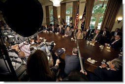 President George W. Bush addresses the press during a meeting with members of Congress in the Cabinet Room Wednesday, May 3, 2006. "We talked about ways to deal with America's energy problem," said President Bush. "And we talked about it in a very constructive way, and I want to thank the members for joining us." White House photo by Eric Draper