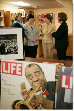 Mrs. Laura Bush and U.S. Secretary of Education Margaret Spellings meet with school officials to talk about the The Laura Bush Foundation for America's Libraries' Gulf Coast Library Recovery Initiative grant announcement at the St. Bernard Unified School Wednesday, May 3, 2006 in Chalmette, La.  White House photo by Kimberlee Hewitt