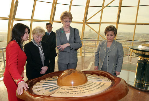 Mrs. Lynne Cheney looks at a display Friday, May 5, 2006, commemorating the first Congress of World Religions, an initiative of President Nazarbayev, that was held in Astana, Kazakhstan in 2003. With her from left are: Murat Gabdrashitov Sapargaliyev, director of Biterek; Maryjo Ordway, wife of John Ordway, U.S. Ambassador to Kazakhstan, and Sabilya Mustafina, deputy Mayor of Astana. Photo by Aleksandr Zhabchuk 