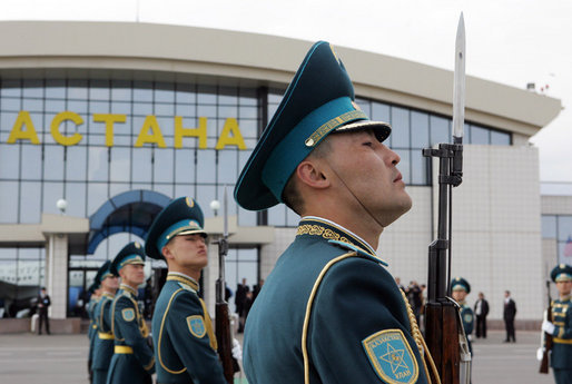 A Kazakh Honor Guard stands at attention during Vice President Dick Cheney's arrival to Astana, Kazakhstan, Friday, May 5, 2006. The Vice President’s visit to Kazakhstan is the second stop of a six-day, three-country trip to Eastern Europe and Central Asia. White House photo by David Bohrer