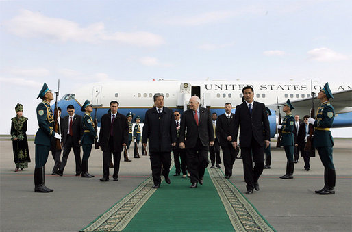 Vice President Dick Cheney walks through an Honor Guard with Foreign Minister Kasymzhomart Tokayev upon arrival in Astana, Kazakhstan, Friday, May 5, 2006. While in Astana the Vice President will meet with Kazakh President Nursultan Nazarbayev to discuss a range of issues including democratization, Central Asian relations, energy, and the global war on terror. White House photo by David Bohrer