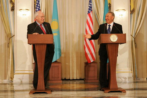 Vice President Dick Cheney and Kazakh President Nursultan Nazarbayev speak to the press following their meeting at the Presidential Palace in Astana, Kazakhstan, Friday, May 5, 2006. In his remarks the Vice President said, "The vision we affirm today is a community of sovereign states that grow in liberty and prosperity, trade and freedom and strive together for a century of peace. Standing in this modern capital city, I am proud to affirm the strong ties between Kazakhstan and the United States." White House photo by David Bohrer