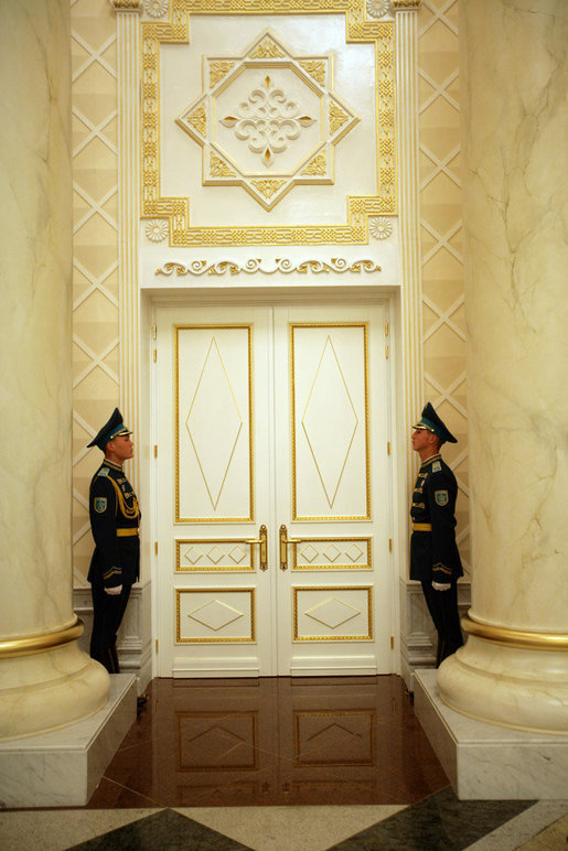 Soldiers stand at attention inside the Presidential Palace in Astana, Kazakhstan, the setting for a series of meetings held by Vice President Dick Cheney and Kazakh President Nursultan Nazarbayev, Friday, May 5, 2006. White House photo by David Bohrer