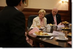 Lynne Cheney, wife of Vice President Dick Cheney, directs a question during a discussion with young Kazakhstan leaders, Saturday, May 6, 2006, in Astana, Kazakhstan. The Vice President and Mrs. Cheney met with the youth to encourage people-to-people ties between the US and Kazakhstan.  White House photo by David Bohrer