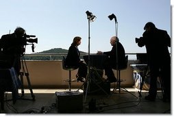 Before departing Dubrovnik, Croatia to return to the U.S., Vice President Dick Cheney participates in an interview with Kelly O'Donnell of NBC News, Sunday, May 7, 2006. During the interview the Vice President discussed issues ranging from relations with Russia to his role in U.S. politics and policy making. White House photo by David Bohrer