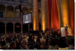 Mrs. Laura Bush addresses the guests at the Mosaic Foundation dinner in the National Building Museum in Washington, D.C., Wednesday, May 9, 2006. Founded by the spouses of Arab Ambassadors to the United States, the Mosaic Foundation is dedicated to improving the lives of women and children. White House photo by Shealah Craighead