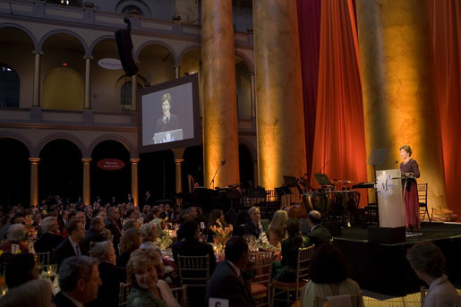 Mrs. Laura Bush addresses the guests at the Mosaic Foundation dinner in the National Building Museum in Washington, D.C., Wednesday, May 9, 2006. Founded by the spouses of Arab Ambassadors to the United States, the Mosaic Foundation is dedicated to improving the lives of women and children. White House photo by Shealah Craighead