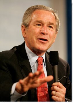 President George W. Bush speaks during A Conversation on the Medicare Prescription Drug Benefit at the Asociacion Borinquena de Florida Central, Inc., in Orlando Wednesday, May 10, 2006.  White House photo by Eric Draper