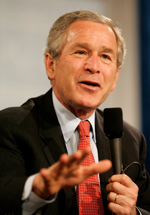 President George W. Bush speaks during A Conversation on the Medicare Prescription Drug Benefit at the Asociacion Borinquena de Florida Central, Inc., in Orlando Wednesday, May 10, 2006. White House photo by Eric Draper