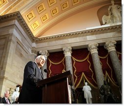 Vice President Dick Cheney delivers remarks after receiving the 2006 Distinguished Service Award during a ceremony held in Statuary Hall at the U.S. Capitol in Washington, Wednesday, May 10, 2006. The Distinguished Service Award is presented to former members of the House of Representatives who have served the country with extraordinary distinction and selfless dedication. White House photo by Kimberlee Hewitt