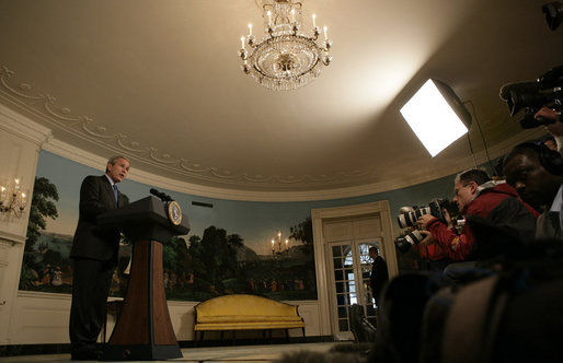 President George W. Bush makes a brief statement to the nation Thursday, May 11, 2006, regarding the domestic surveillance program. Said the President, "Our most important job is to protect the American people from another attack, and we will do so within the laws of our country." White House photo by Eric Draper