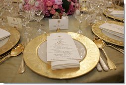 The dinner setting for President George W. Bush is seen Tuesday, May 16, 2006, in the State Dining Room of the White House for the official dinner in honor of Australian Prime Minister John Howard and his wife Janette Howard. White House photo by Shealah Craighead